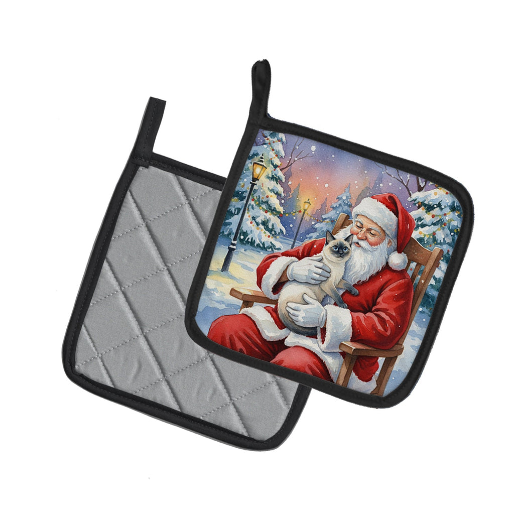 Blue Point Cat with Santa Claus Pot Holder Set of 2 Heat Resistant Quilted Hot Pads 7.5 x 7.5 Inch, Insulated Kitchen Trivets for Cooking & Baking