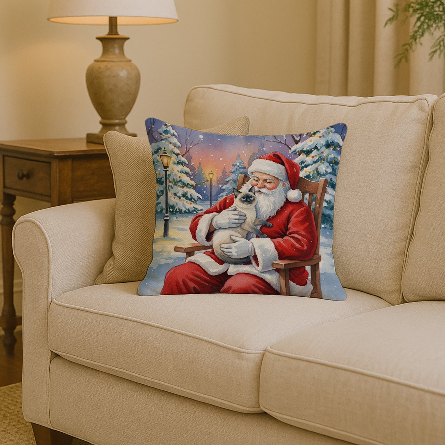 Blue Point Cat with Santa Claus Decorative Throw Pillow 14x14 Indoor Outdoor Accent Cushion, Fabric Cover with Insert for Sofa, Bed, Porch & Living Room