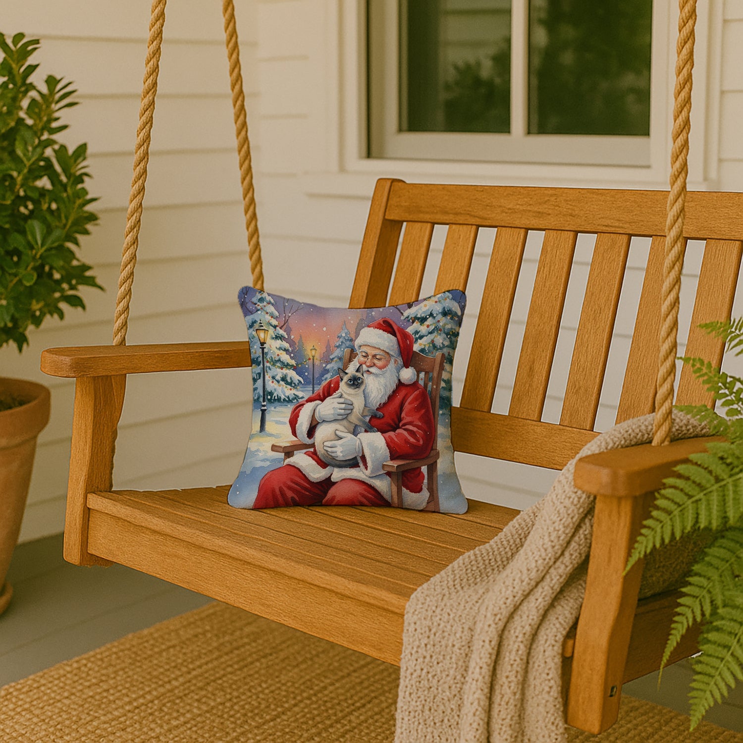 Blue Point Cat with Santa Claus Decorative Throw Pillow 14x14 Indoor Outdoor Accent Cushion, Fabric Cover with Insert for Sofa, Bed, Porch & Living Room