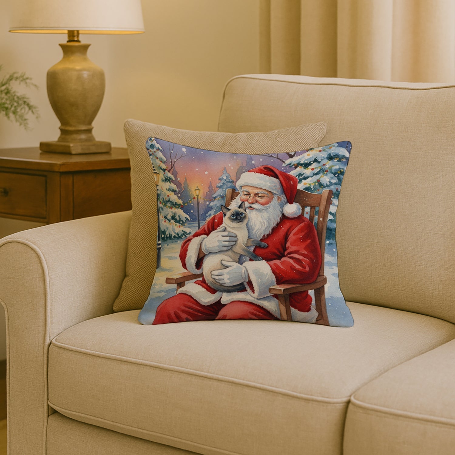 Blue Point Cat with Santa Claus Decorative Throw Pillow 18x18 Indoor Outdoor Accent Cushion, Fabric Cover with Insert for Sofa, Bed, Porch & Living Room