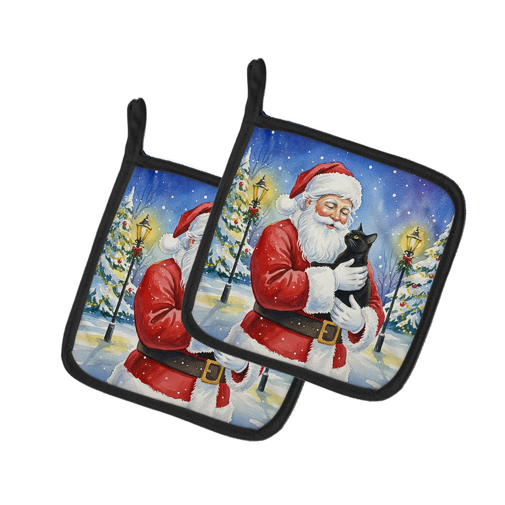 Bombay Cat with Santa Claus Pot Holder Set of 2 Heat Resistant Quilted Hot Pads 7.5 x 7.5 Inch, Insulated Kitchen Trivets for Cooking & Baking