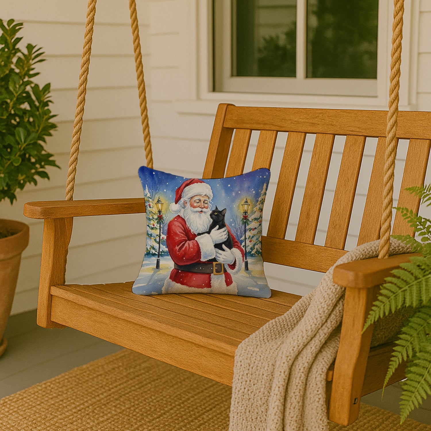 Bombay Cat with Santa Claus Decorative Throw Pillow 14x14 Indoor Outdoor Accent Cushion, Fabric Cover with Insert for Sofa, Bed, Porch & Living Room