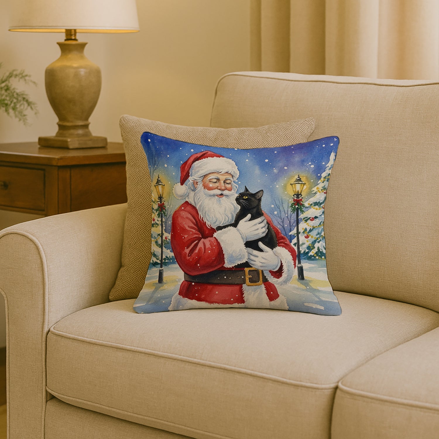 Bombay Cat with Santa Claus Decorative Throw Pillow 18x18 Indoor Outdoor Accent Cushion, Fabric Cover with Insert for Sofa, Bed, Porch & Living Room