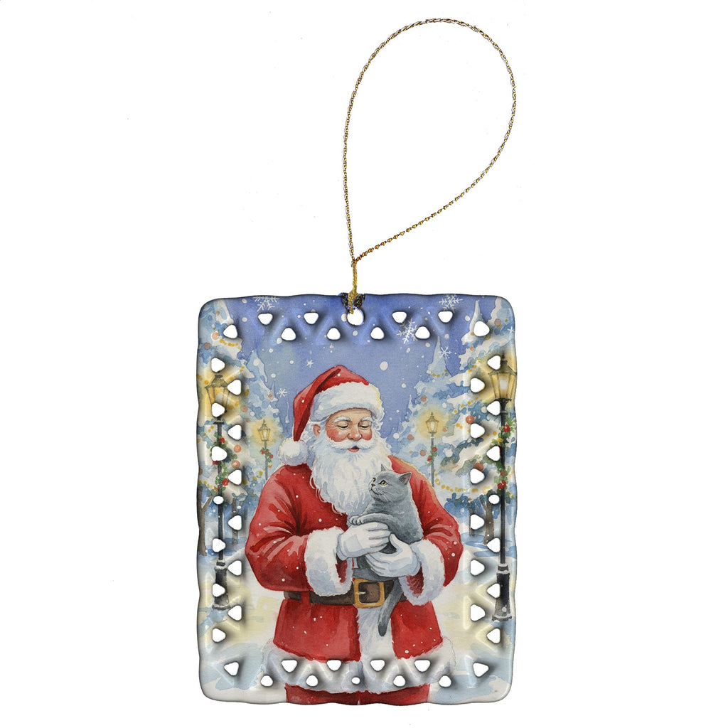 British Shorthair Cat with Santa Claus Porcelain Ornament Christmas Tree Hanging Decorations for Home Christmas Holiday, Rectangle, Gift, Multicolor