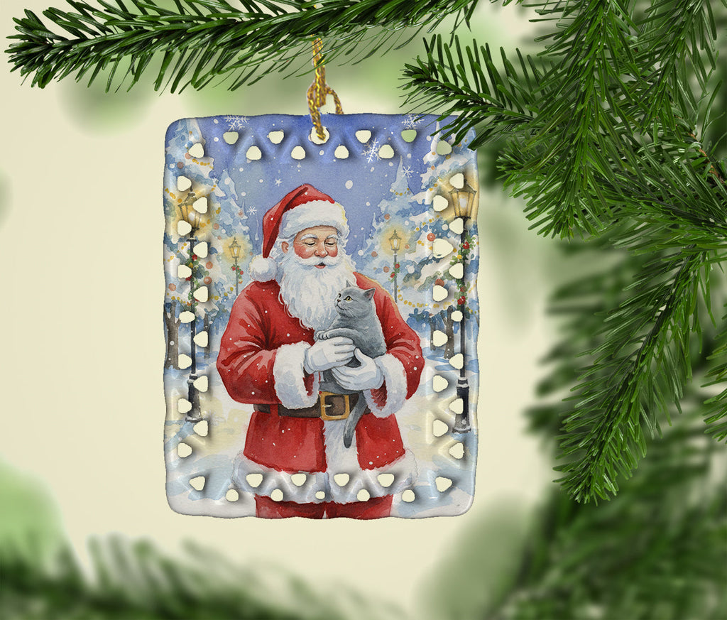 British Shorthair Cat with Santa Claus Porcelain Ornament Christmas Tree Hanging Decorations for Home Christmas Holiday, Rectangle, Gift, Multicolor