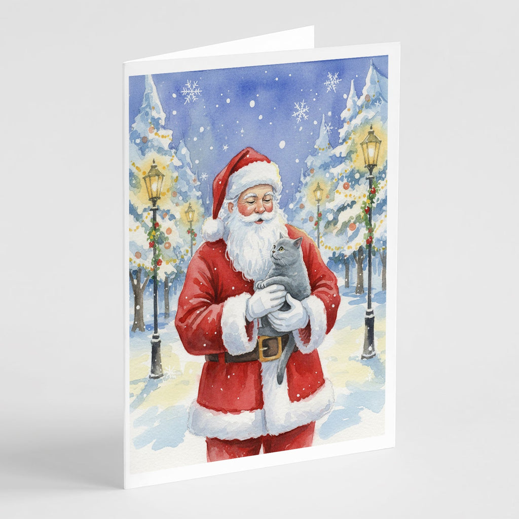 British Shorthair Cat with Santa Claus Greeting Cards Pack of 8 Blank Cards with Envelopes Whimsical A7 Size 5x7