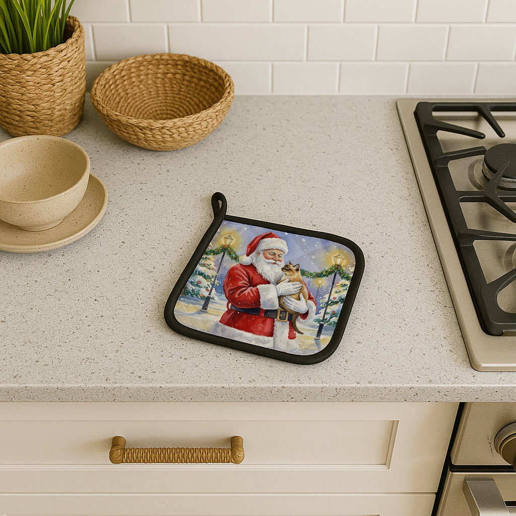 Burmese Cat with Santa Claus Pot Holder Set of 2 Heat Resistant Quilted Hot Pads 7.5 x 7.5 Inch, Insulated Kitchen Trivets for Cooking & Baking