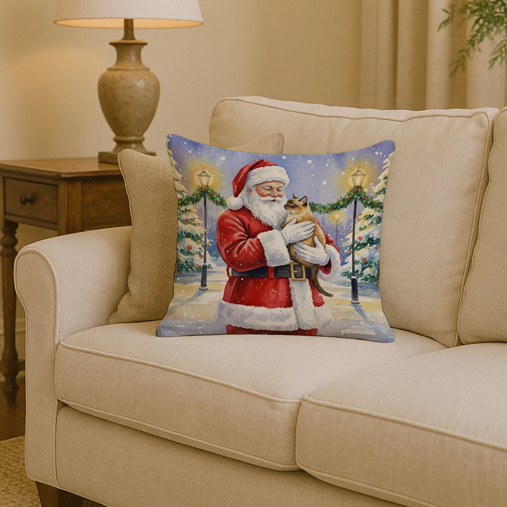 Burmese Cat with Santa Claus Decorative Throw Pillow 14x14 Indoor Outdoor Accent Cushion, Fabric Cover with Insert for Sofa, Bed, Porch & Living Room