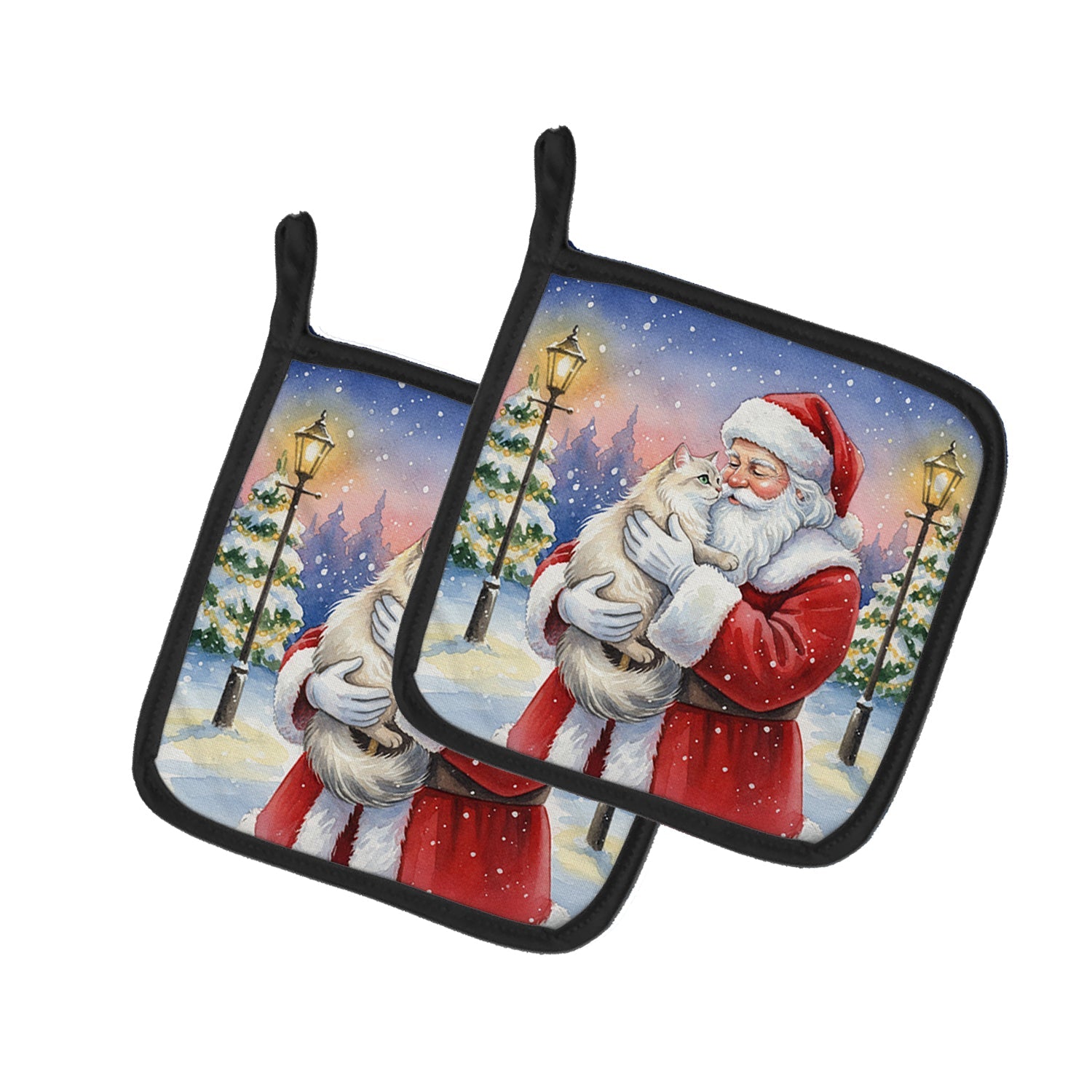 Burmilla Cat with Santa Claus Pot Holder Set of 2 Heat Resistant Quilted Hot Pads 7.5 x 7.5 Inch, Insulated Kitchen Trivets for Cooking & Baking