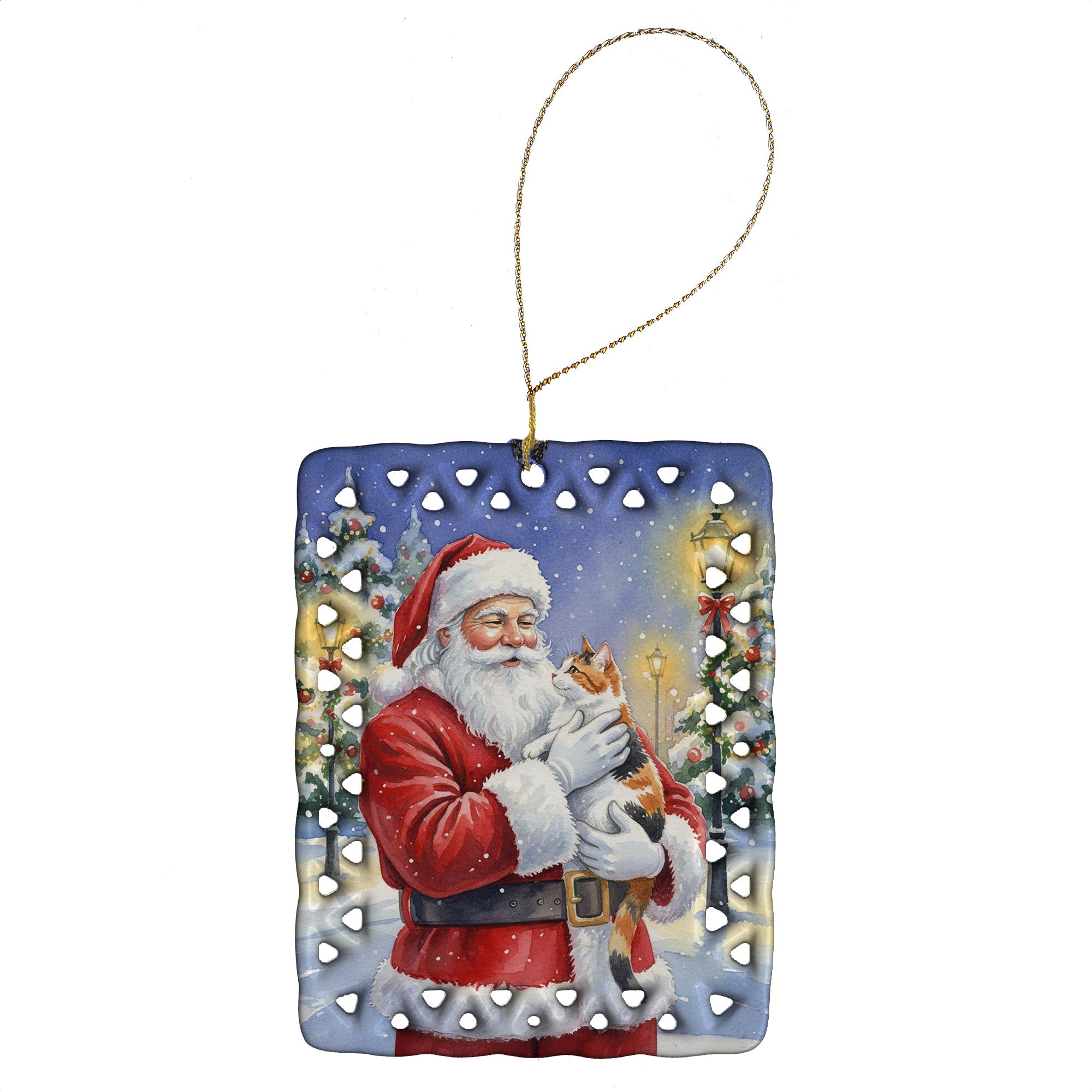 Calico Cat with Santa Claus Porcelain Ornament Christmas Tree Hanging Decorations for Home Christmas Holiday, Rectangle, Gift, Multicolor