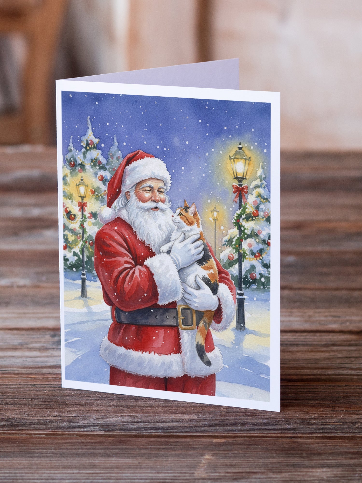 Calico Cat with Santa Claus Greeting Cards Pack of 8 Blank Cards with Envelopes Whimsical A7 Size 5x7