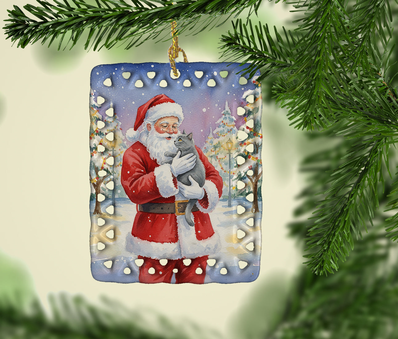 Chartreux Cat with Santa Claus Porcelain Ornament Christmas Tree Hanging Decorations for Home Christmas Holiday, Rectangle, Gift, Multicolor