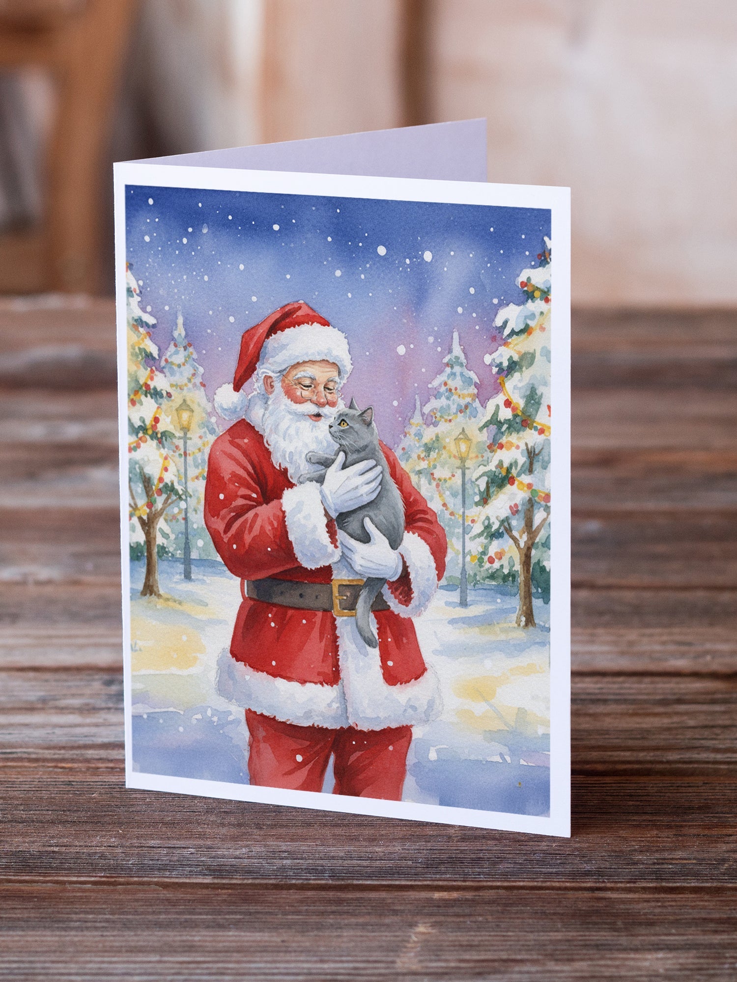 Chartreux Cat with Santa Claus Greeting Cards Pack of 8 Blank Cards with Envelopes Whimsical A7 Size 5x7