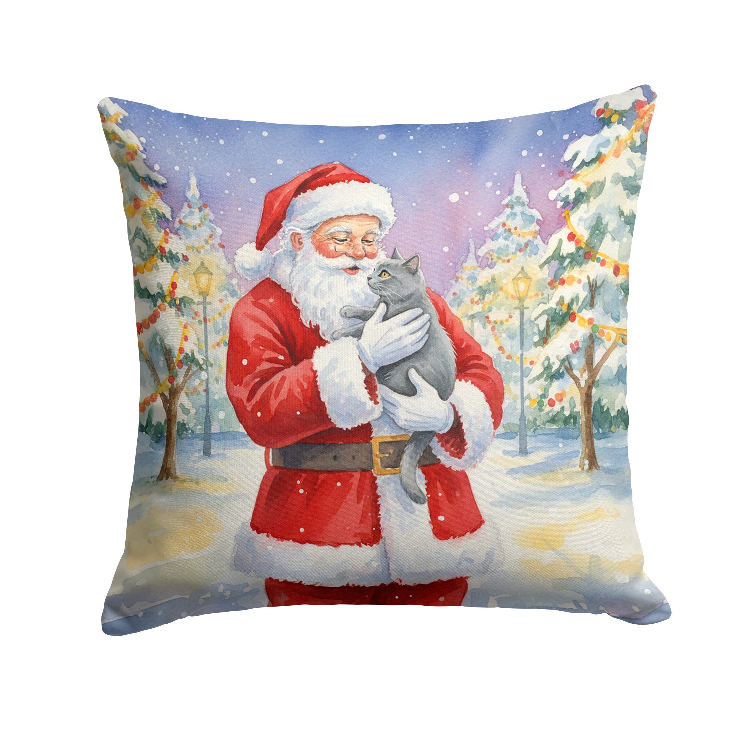 Chartreux Cat with Santa Claus Decorative Throw Pillow 18x18 Indoor Outdoor Accent Cushion, Fabric Cover with Insert for Sofa, Bed, Porch & Living Room