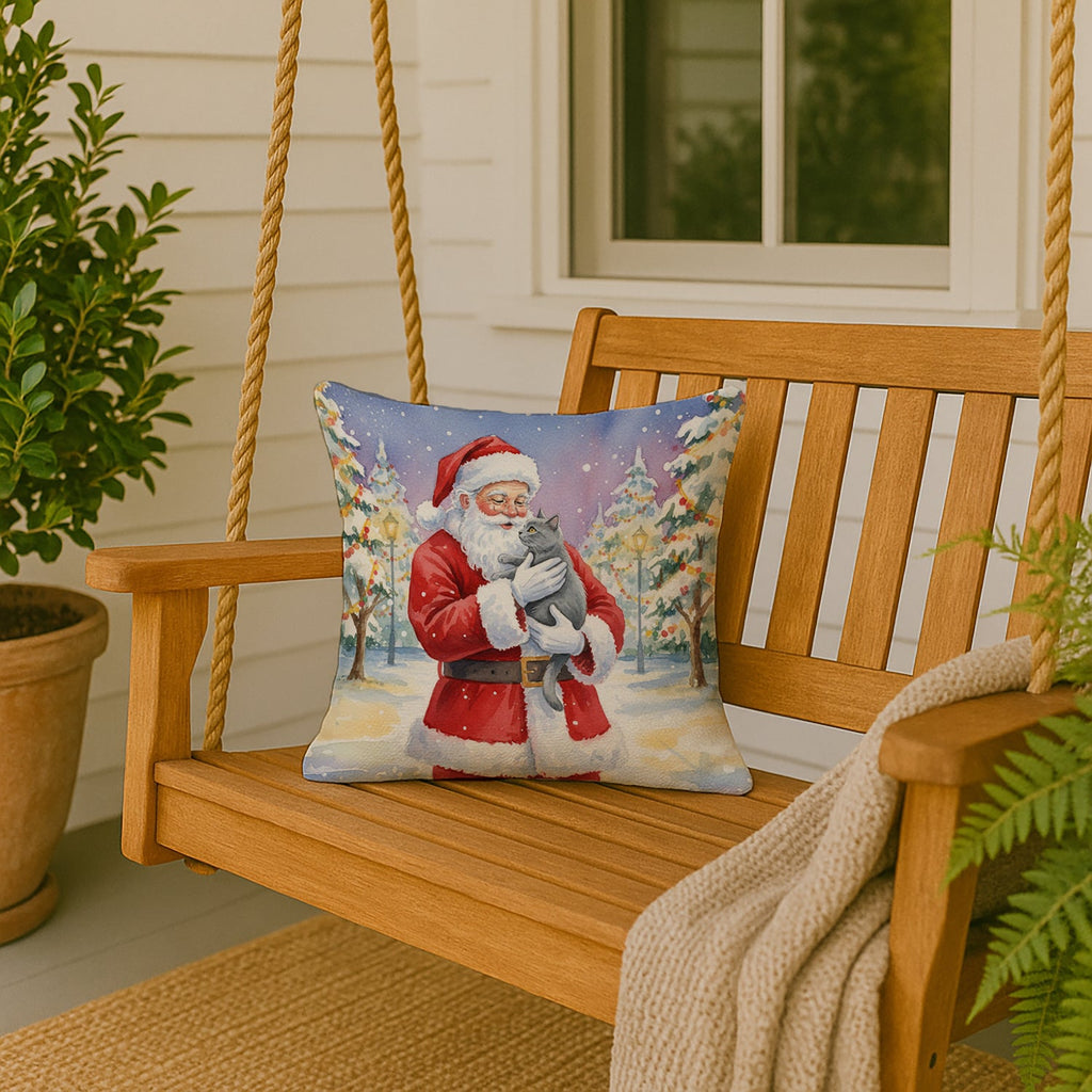 Chartreux Cat with Santa Claus Decorative Throw Pillow 18x18 Indoor Outdoor Accent Cushion, Fabric Cover with Insert for Sofa, Bed, Porch & Living Room