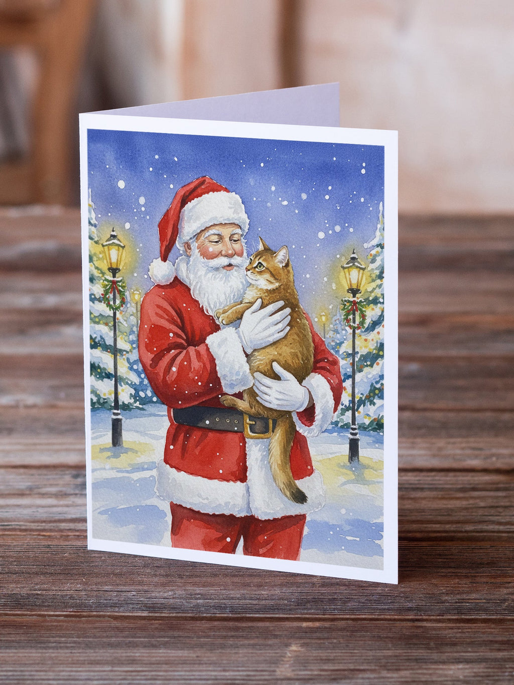 Chausie Cat with Santa Claus Greeting Cards Pack of 8 Blank Cards with Envelopes Whimsical A7 Size 5x7