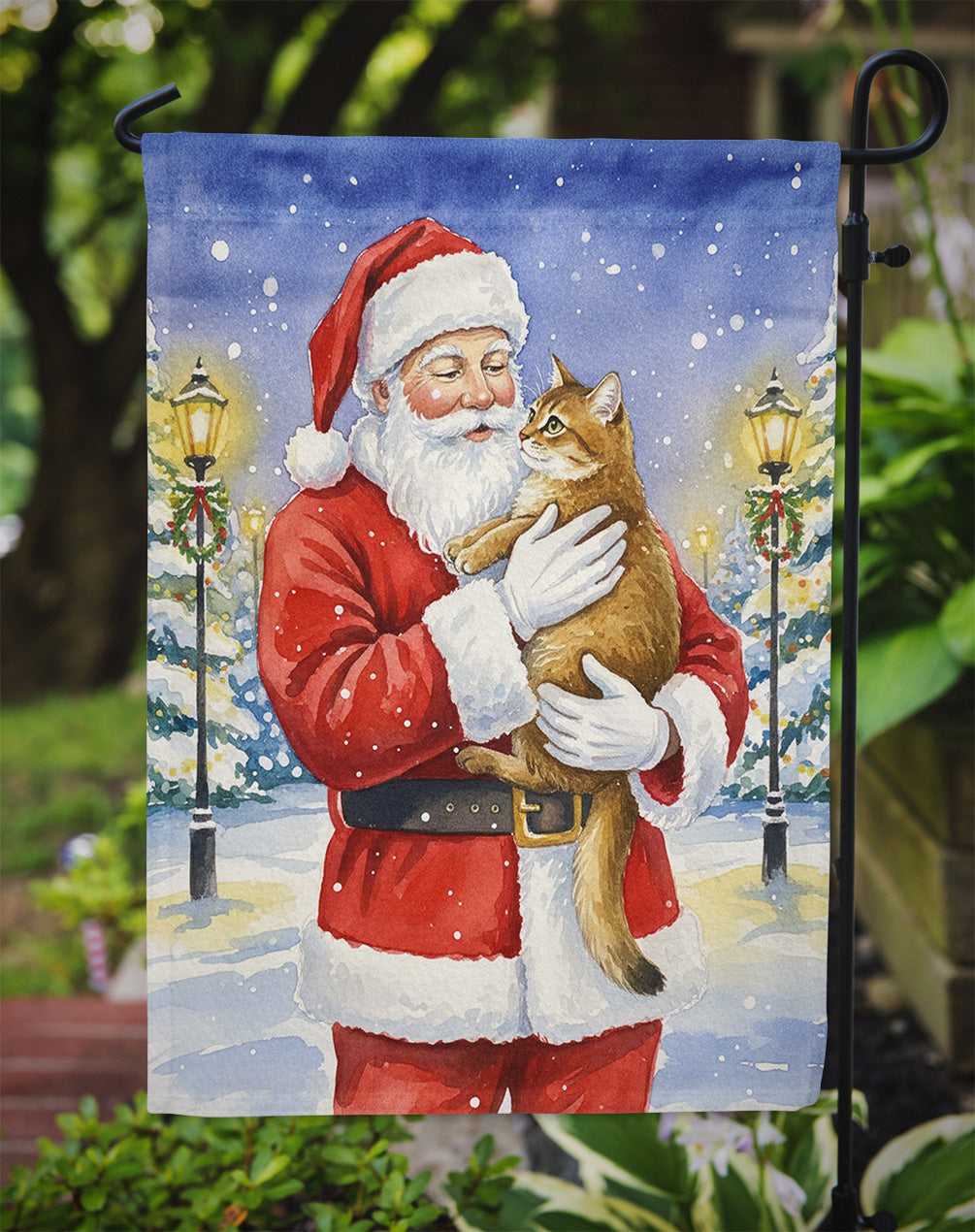 Chausie Cat with Santa Claus Garden Flag Mailbox Decorative Yard Banner Outside Patio Artwork for Flower Beds, Garden Size, Multicolor