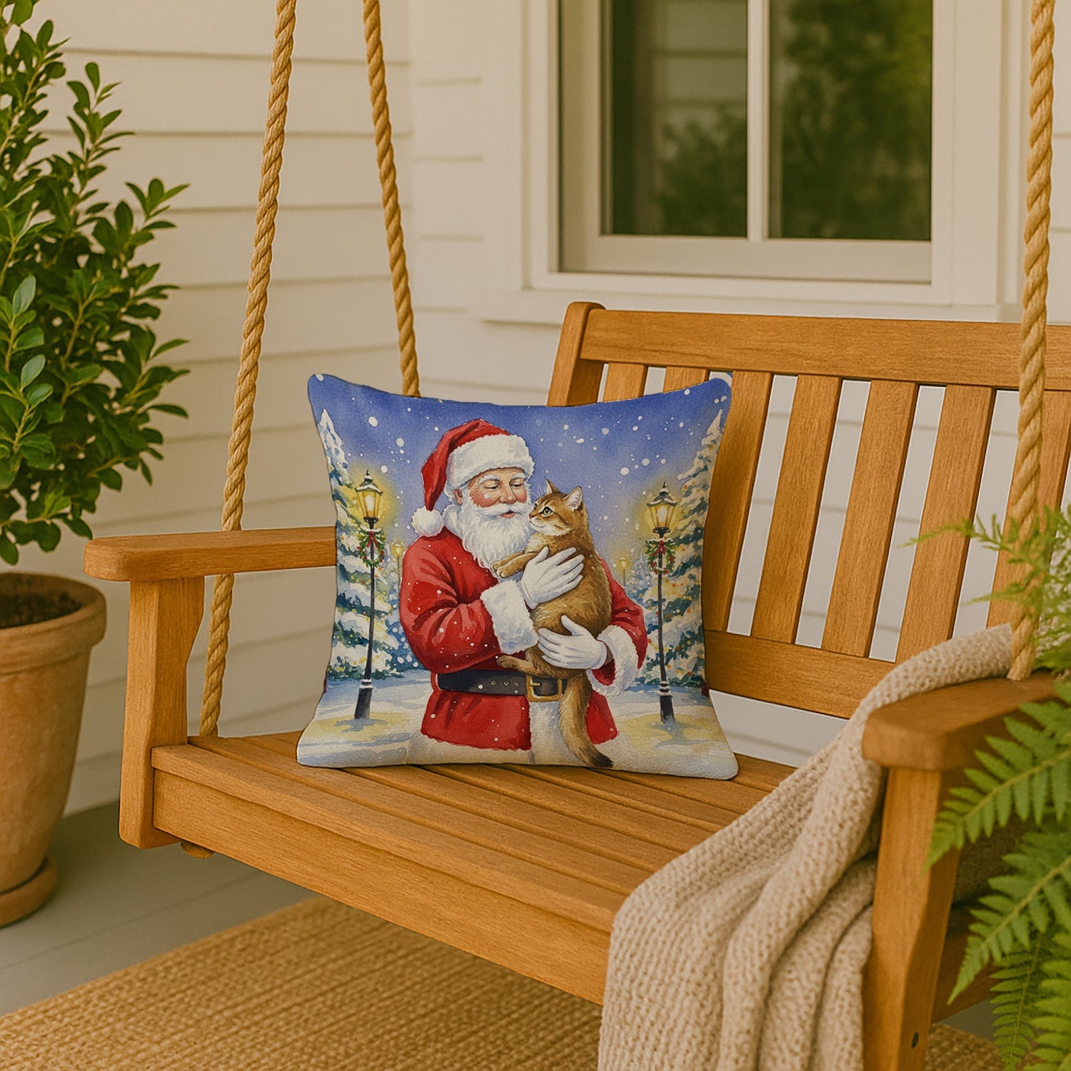 Chausie Cat with Santa Claus Decorative Throw Pillow 18x18 Indoor Outdoor Accent Cushion, Fabric Cover with Insert for Sofa, Bed, Porch & Living Room