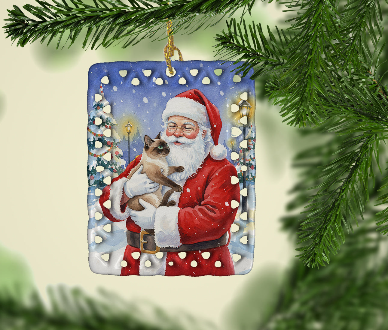 Chocolate Point Cat with Santa Claus Porcelain Ornament Christmas Tree Hanging Decorations for Home Christmas Holiday, Rectangle, Gift, Multicolor