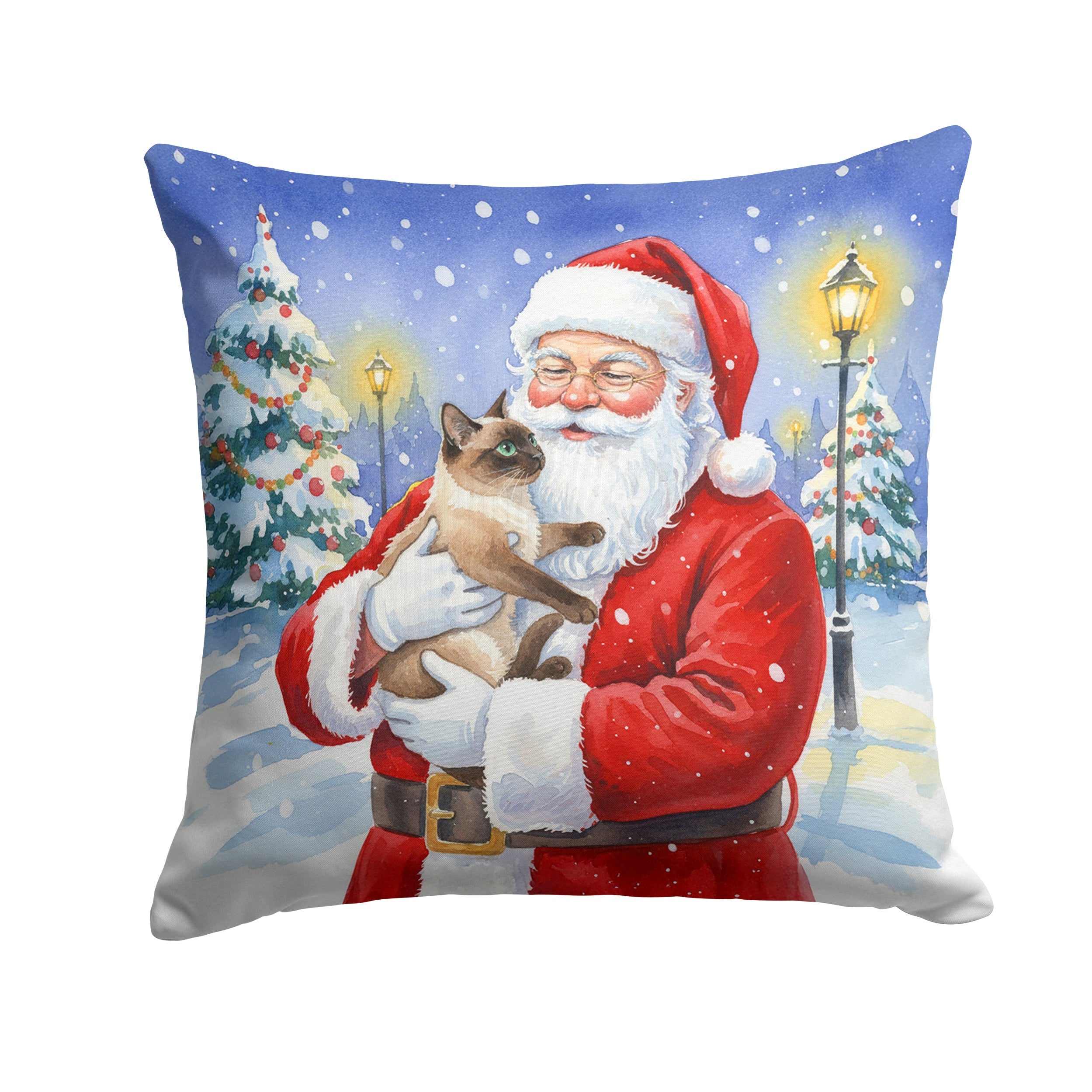 Chocolate Point Cat with Santa Claus Decorative Throw Pillow 14x14 Indoor Outdoor Accent Cushion, Fabric Cover with Insert for Sofa, Bed, Porch & Living Room