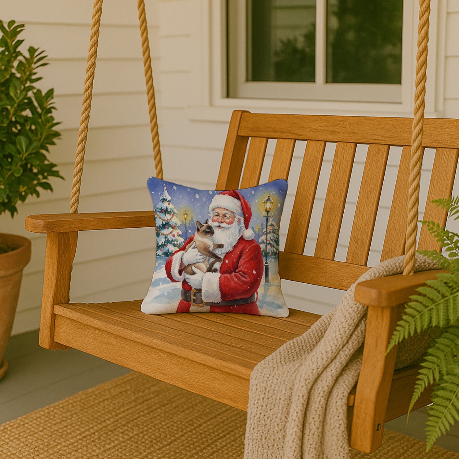 Chocolate Point Cat with Santa Claus Decorative Throw Pillow 14x14 Indoor Outdoor Accent Cushion, Fabric Cover with Insert for Sofa, Bed, Porch & Living Room