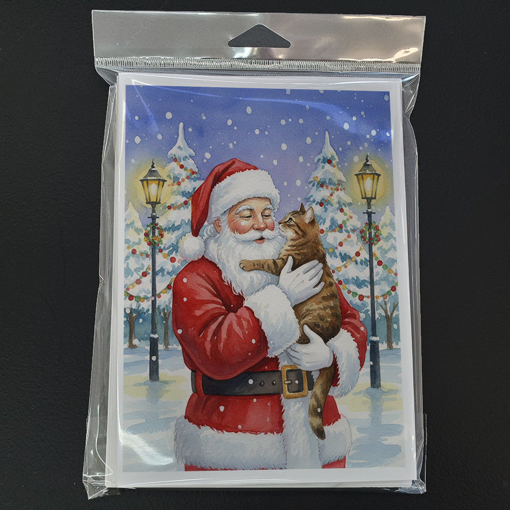 Classic Tabby Brown Cat with Santa Claus Greeting Cards Pack of 8 Blank Cards with Envelopes Whimsical A7 Size 5x7