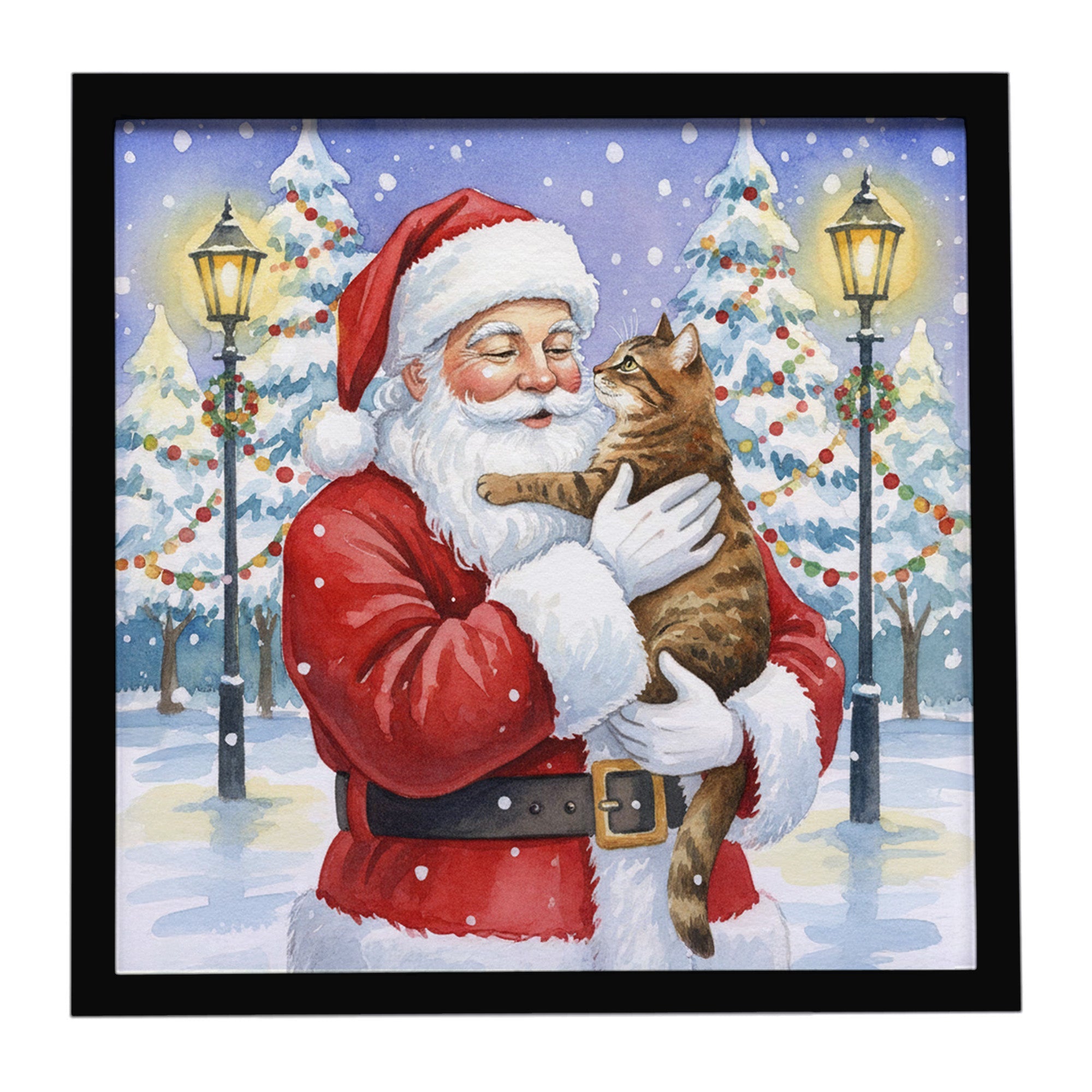 Classic Tabby Brown Cat with Santa Claus Framed Metal Print Bathroom, Kitchen, Office, Home Decor Wall Art Ready to Hang, Square, 8X8