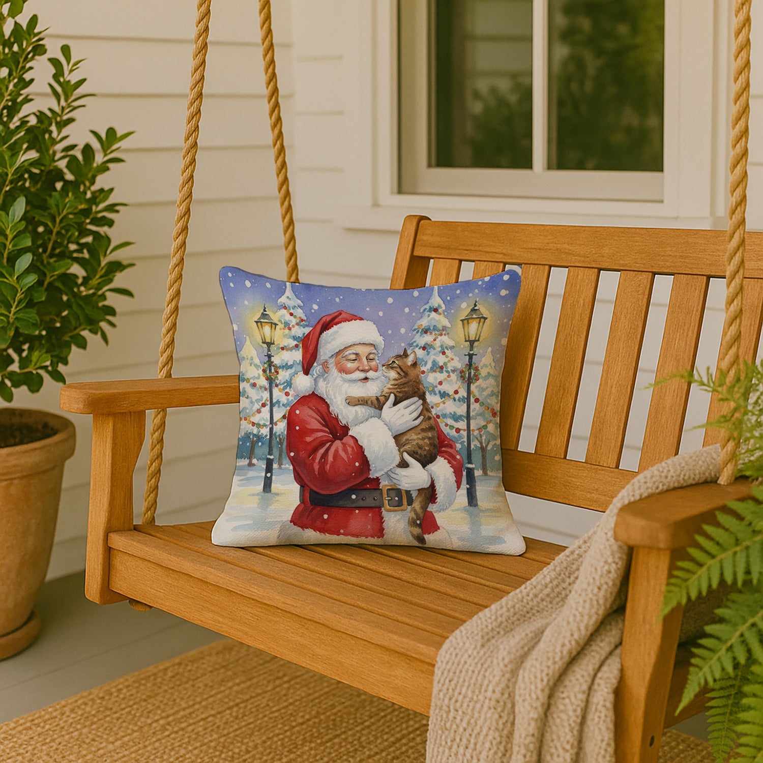 Classic Tabby Brown Cat with Santa Claus Decorative Throw Pillow 18x18 Indoor Outdoor Accent Cushion, Fabric Cover with Insert for Sofa, Bed, Porch & Living Room