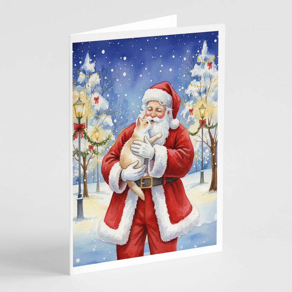 Cream and White Cat with Santa Claus Greeting Cards Pack of 8 Blank Cards with Envelopes Whimsical A7 Size 5x7