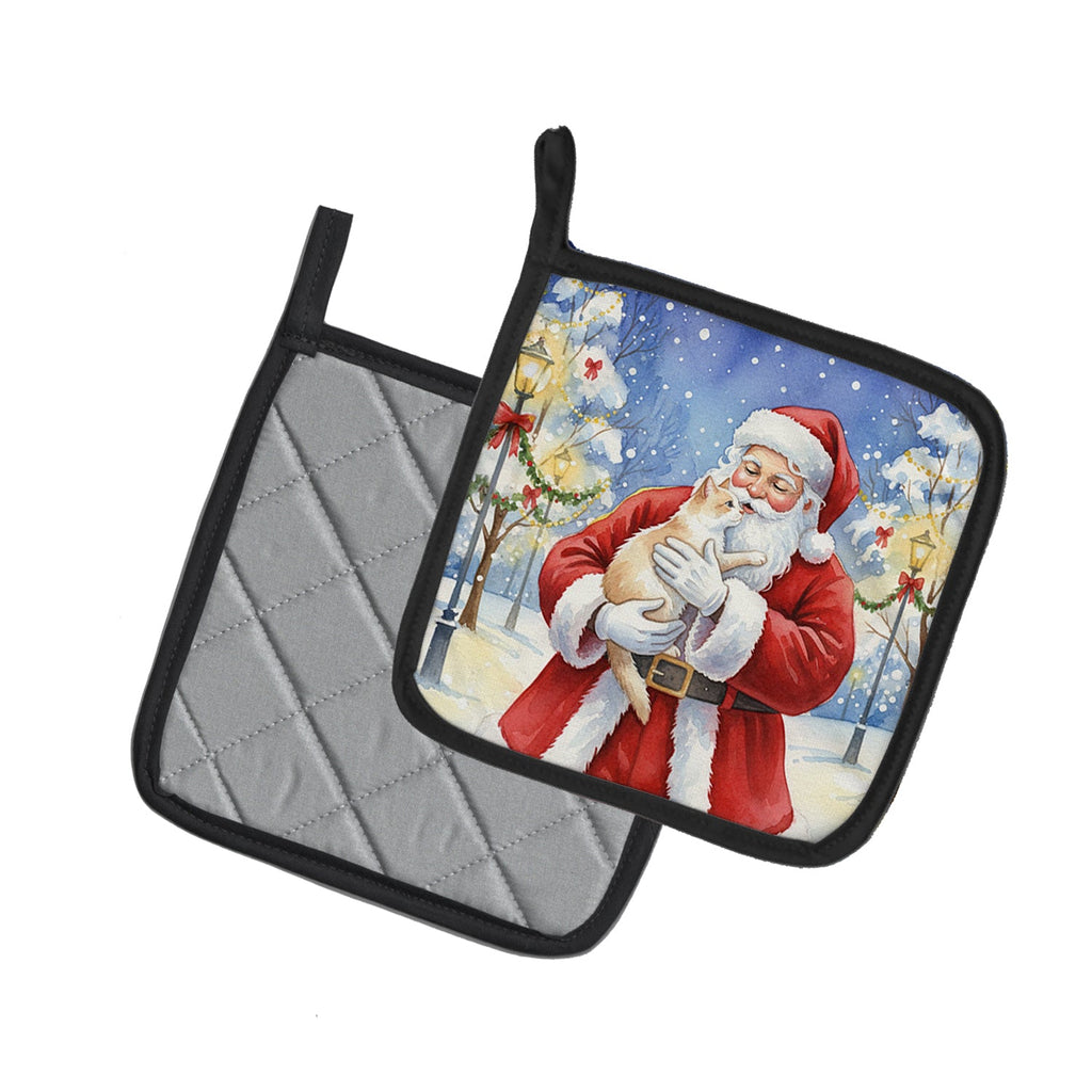Cream and White Cat with Santa Claus Pot Holder Set of 2 Heat Resistant Quilted Hot Pads 7.5 x 7.5 Inch, Insulated Kitchen Trivets for Cooking & Baking