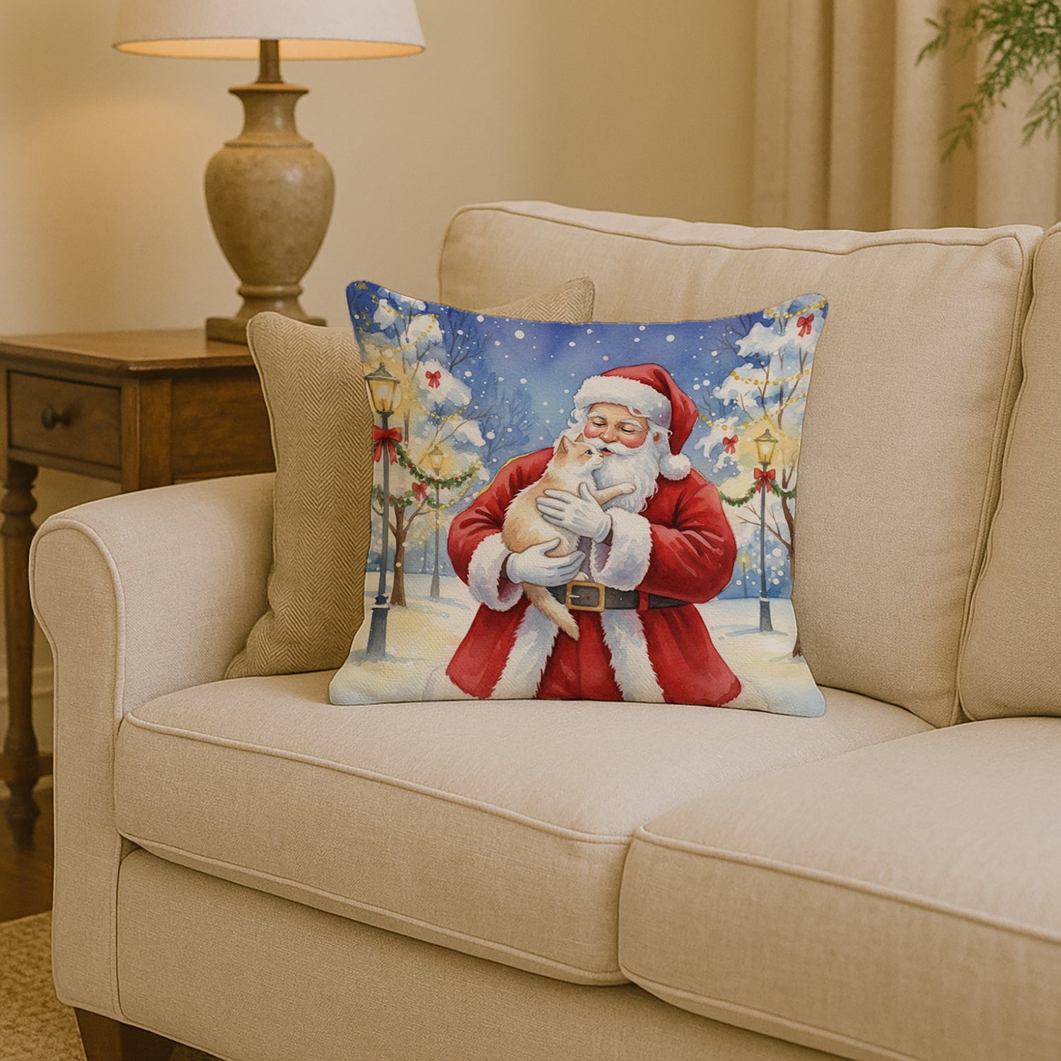 Cream and White Cat with Santa Claus Decorative Throw Pillow 14x14 Indoor Outdoor Accent Cushion, Fabric Cover with Insert for Sofa, Bed, Porch & Living Room