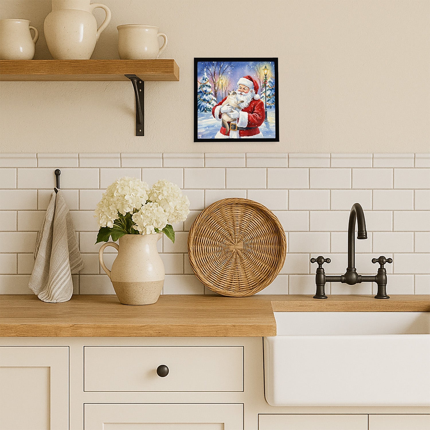 Cream Point Cat with Santa Claus Framed Metal Print Bathroom, Kitchen, Office, Home Decor Wall Art Ready to Hang, Square, 8X8