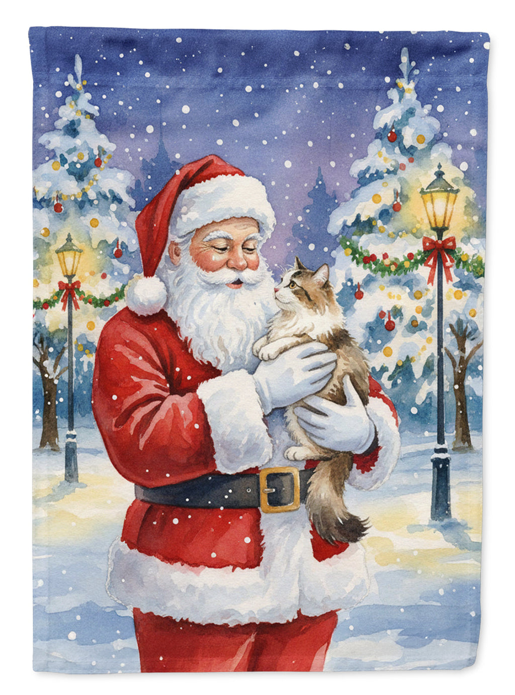 Cymric Cat with Santa Claus House Flag 28x40 Porch Sleeve Pole Decorative Outside Yard Banner Artwork Wall Hanging, Polyester