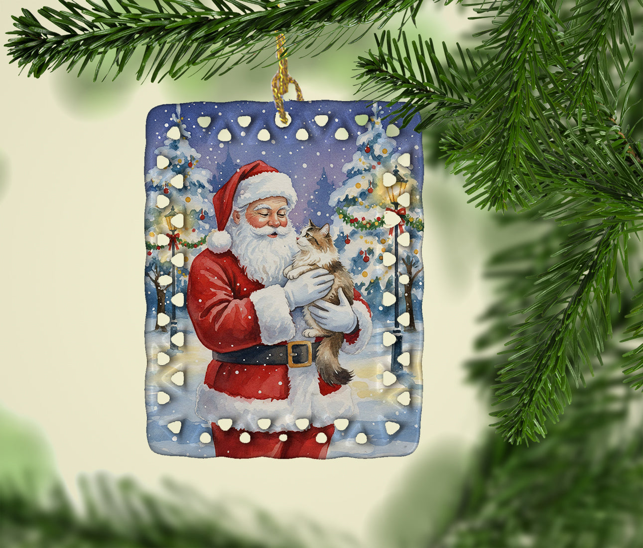 Cymric Cat with Santa Claus Porcelain Ornament Christmas Tree Hanging Decorations for Home Christmas Holiday, Rectangle, Gift, Multicolor