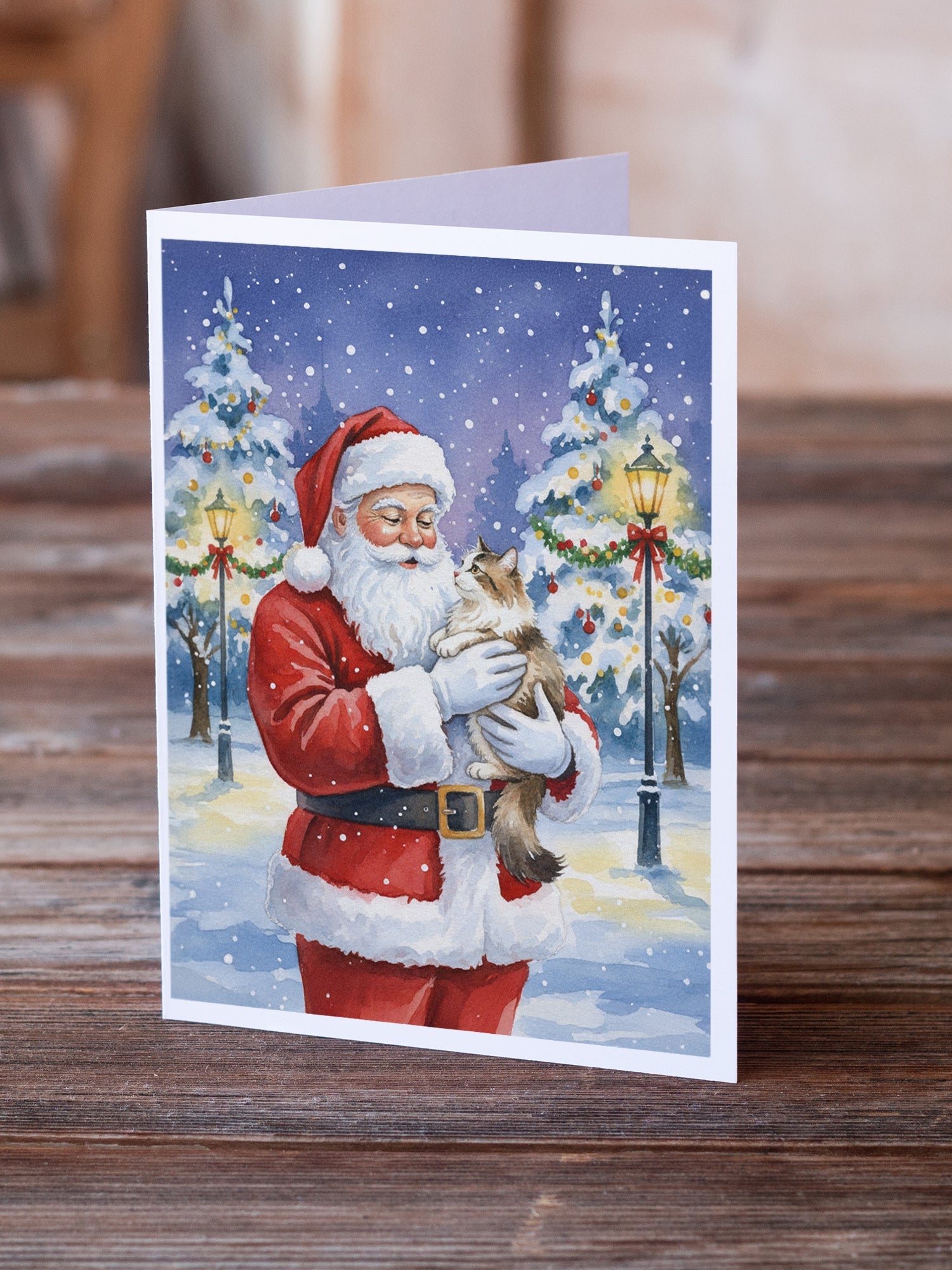 Cymric Cat with Santa Claus Greeting Cards Pack of 8 Blank Cards with Envelopes Whimsical A7 Size 5x7