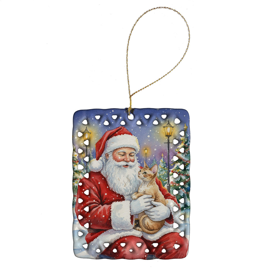 Devon Rex Cat with Santa Claus Porcelain Ornament Christmas Tree Hanging Decorations for Home Christmas Holiday, Rectangle, Gift, Multicolor