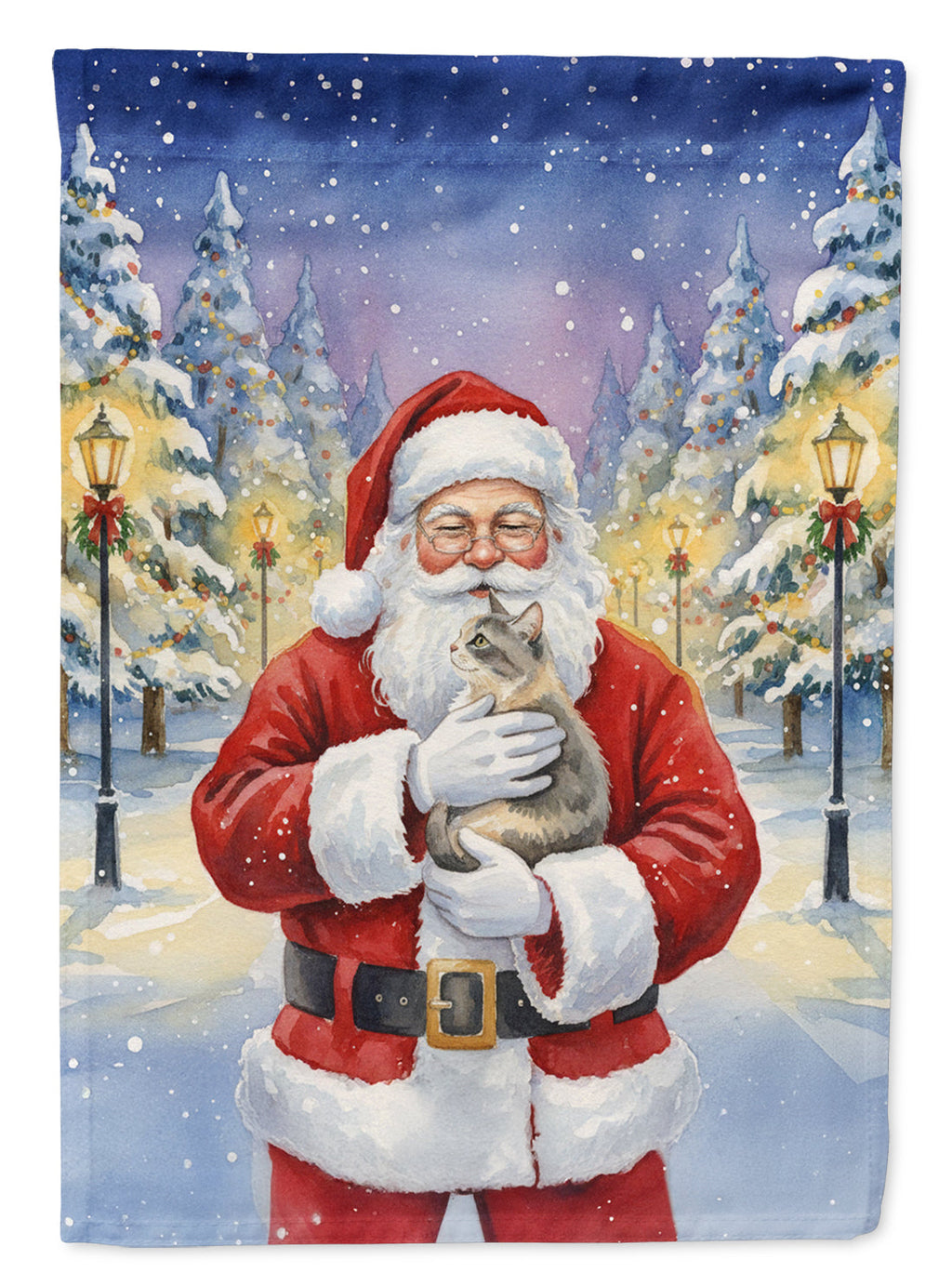 Dilute Tortoiseshell Cat with Santa Claus House Flag 28x40 Porch Sleeve Pole Decorative Outside Yard Banner Artwork Wall Hanging, Polyester
