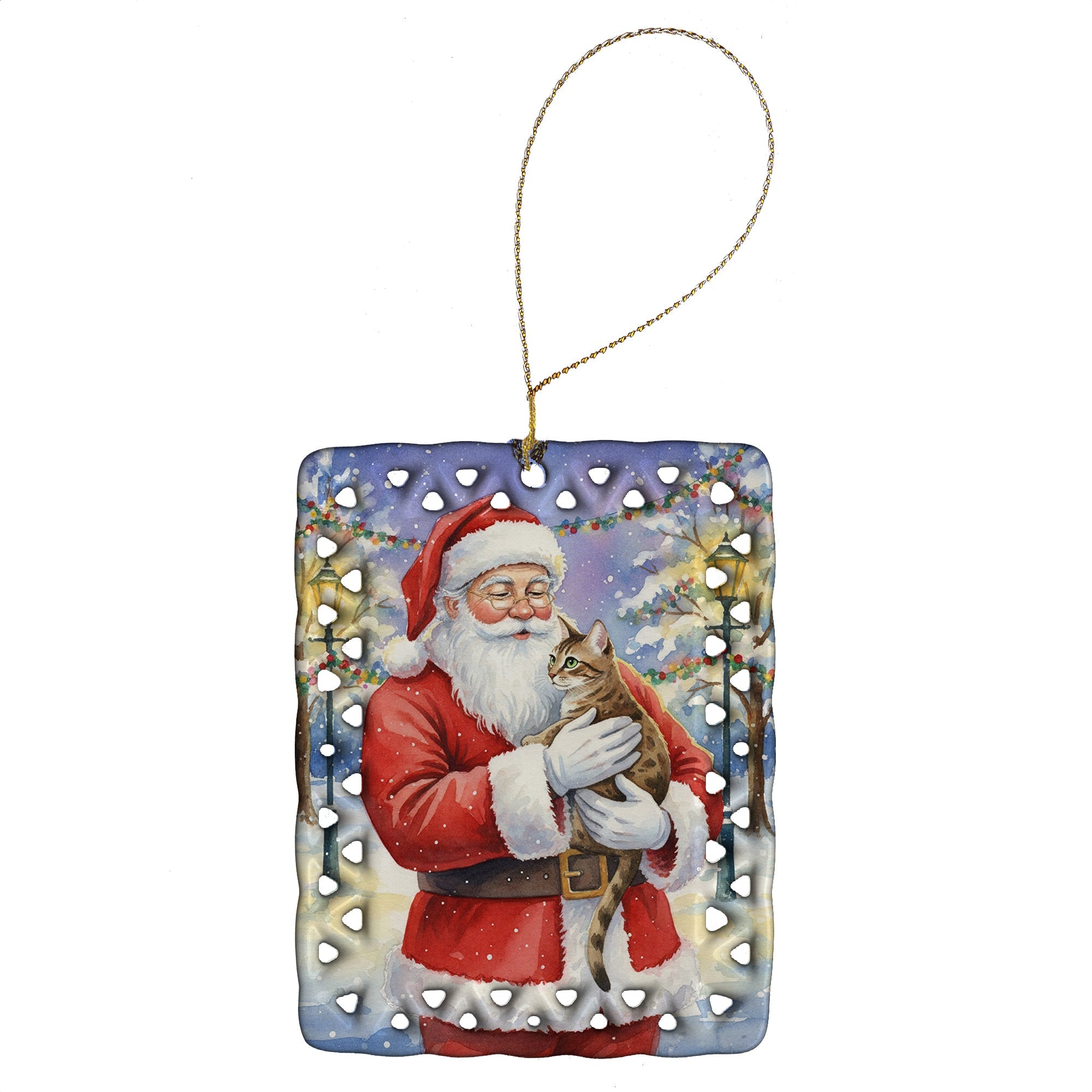 Egyptian Mau Cat with Santa Claus Porcelain Ornament Christmas Tree Hanging Decorations for Home Christmas Holiday, Rectangle, Gift, Multicolor
