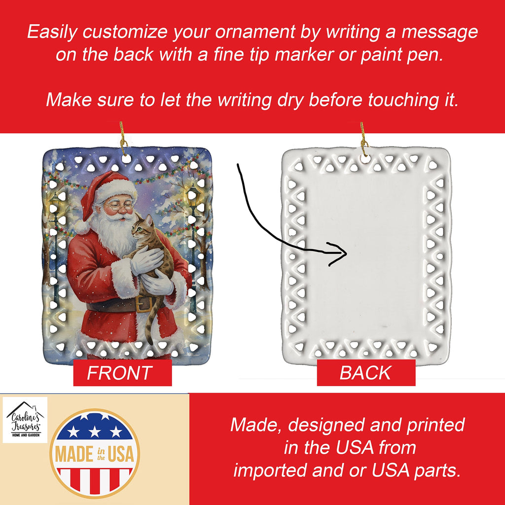 Egyptian Mau Cat with Santa Claus Porcelain Ornament Christmas Tree Hanging Decorations for Home Christmas Holiday, Rectangle, Gift, Multicolor