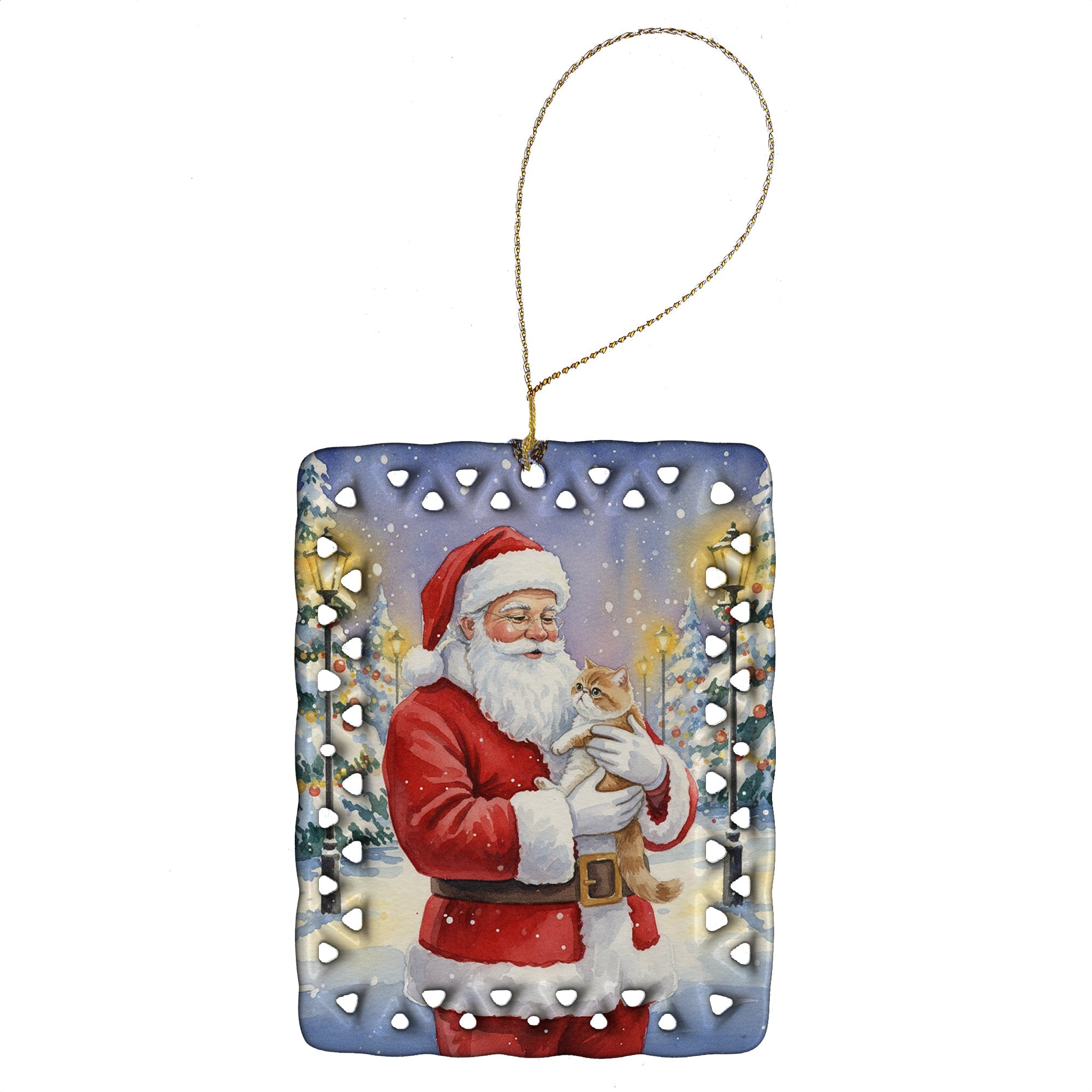 Exotic Shorthair Cat with Santa Claus Porcelain Ornament Christmas Tree Hanging Decorations for Home Christmas Holiday, Rectangle, Gift, Multicolor