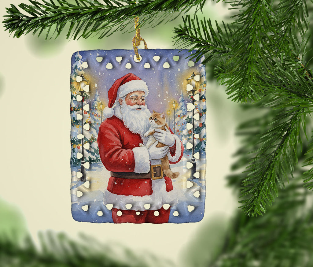 Exotic Shorthair Cat with Santa Claus Porcelain Ornament Christmas Tree Hanging Decorations for Home Christmas Holiday, Rectangle, Gift, Multicolor