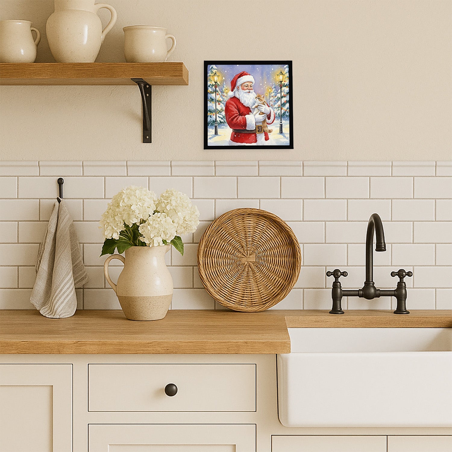 Exotic Shorthair Cat with Santa Claus Framed Metal Print Bathroom, Kitchen, Office, Home Decor Wall Art Ready to Hang, Square, 8X8