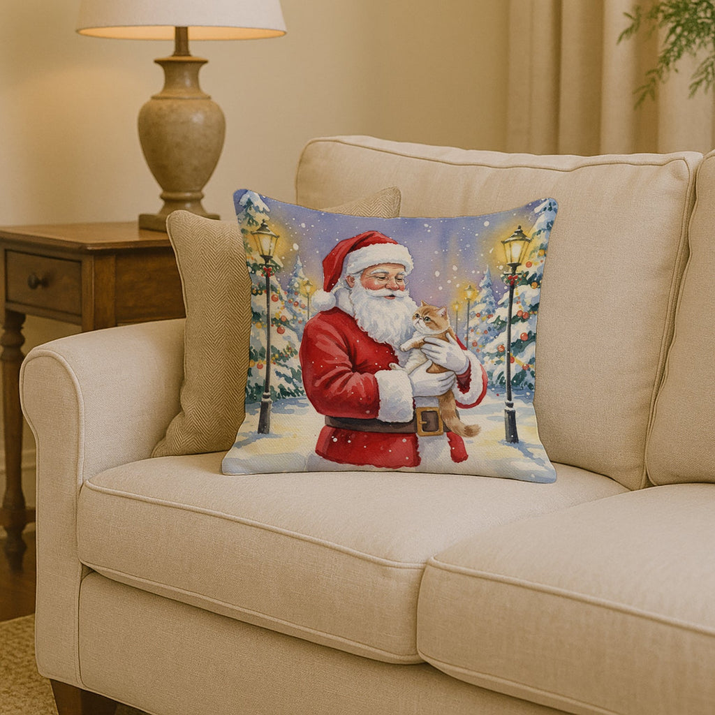 Exotic Shorthair Cat with Santa Claus Decorative Throw Pillow 14x14 Indoor Outdoor Accent Cushion, Fabric Cover with Insert for Sofa, Bed, Porch & Living Room