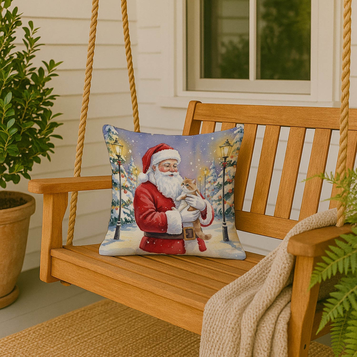 Exotic Shorthair Cat with Santa Claus Decorative Throw Pillow 18x18 Indoor Outdoor Accent Cushion, Fabric Cover with Insert for Sofa, Bed, Porch & Living Room