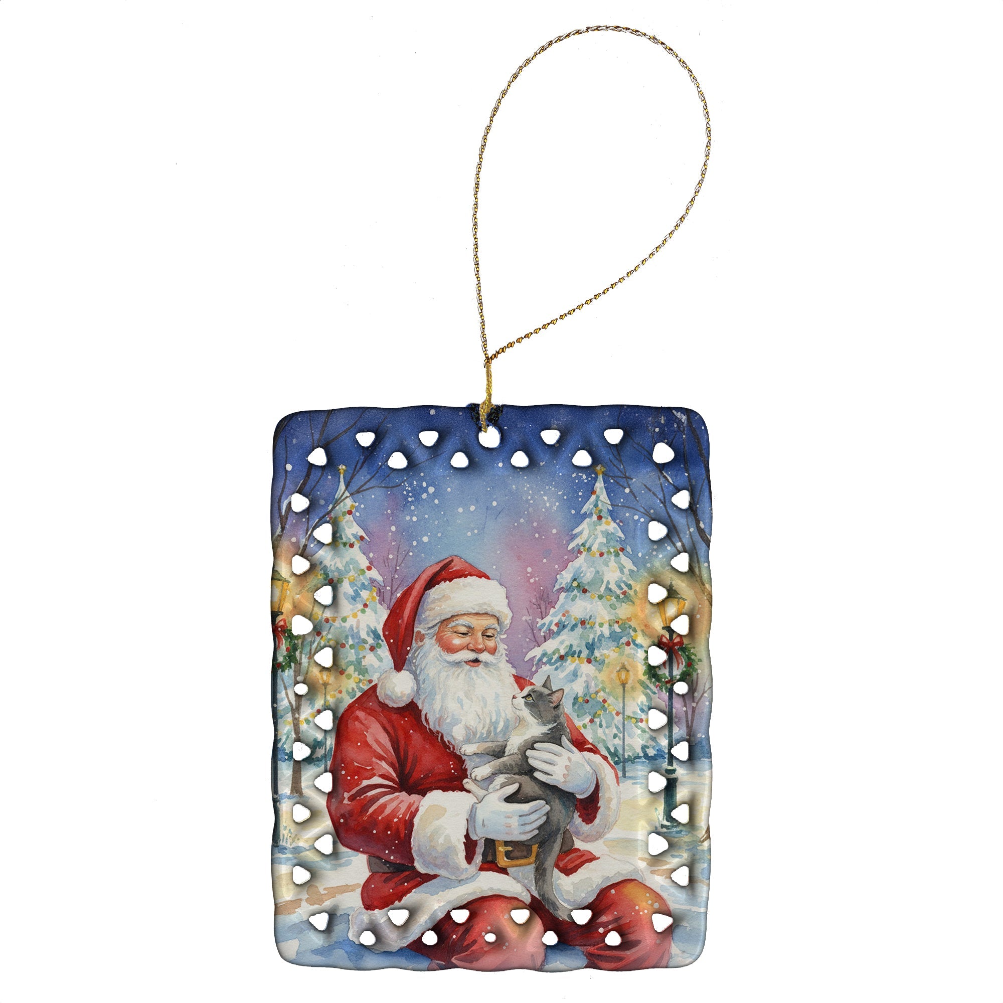 Gray and White Cat with Santa Claus Porcelain Ornament Christmas Tree Hanging Decorations for Home Christmas Holiday, Rectangle, Gift, Multicolor