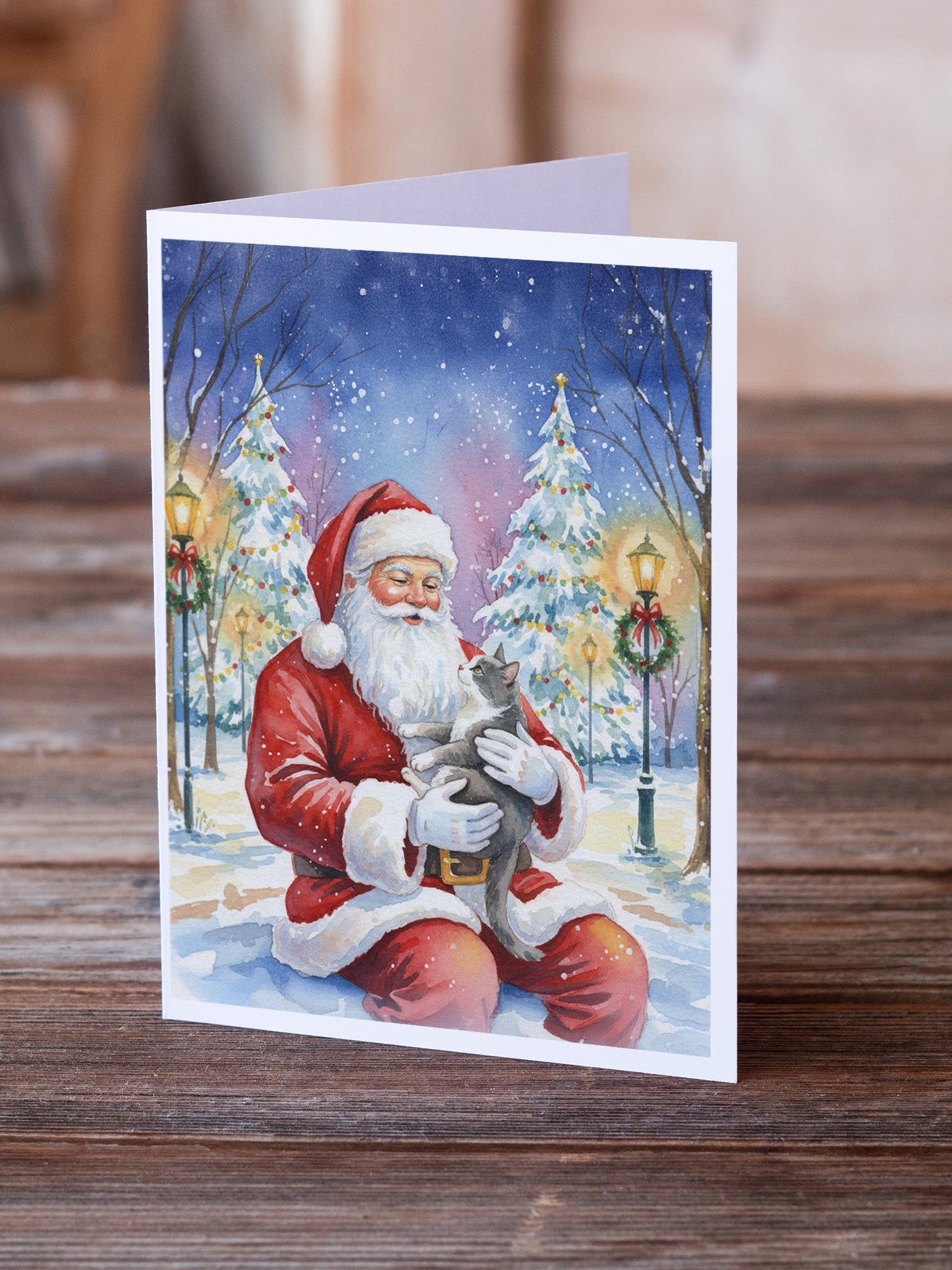 Gray and White Cat with Santa Claus Greeting Cards Pack of 8 Blank Cards with Envelopes Whimsical A7 Size 5x7
