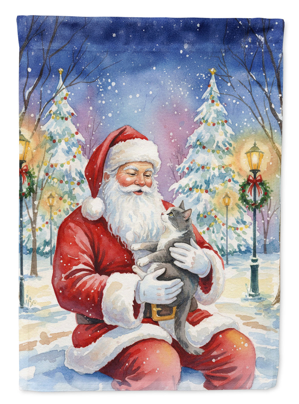 Gray and White Cat with Santa Claus Garden Flag Mailbox Decorative Yard Banner Outside Patio Artwork for Flower Beds, Garden Size, Multicolor