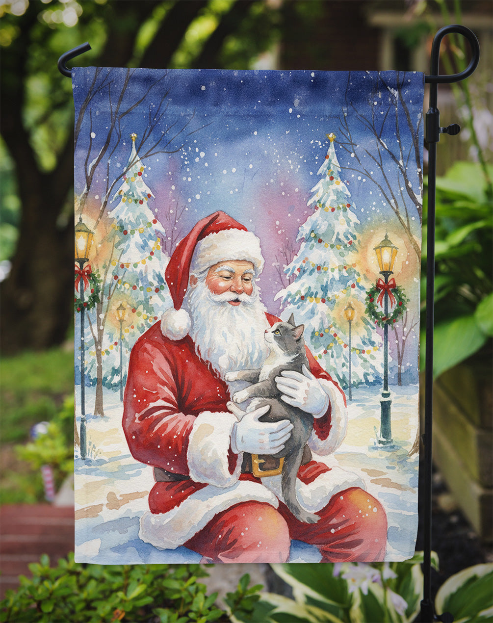 Gray and White Cat with Santa Claus Garden Flag Mailbox Decorative Yard Banner Outside Patio Artwork for Flower Beds, Garden Size, Multicolor