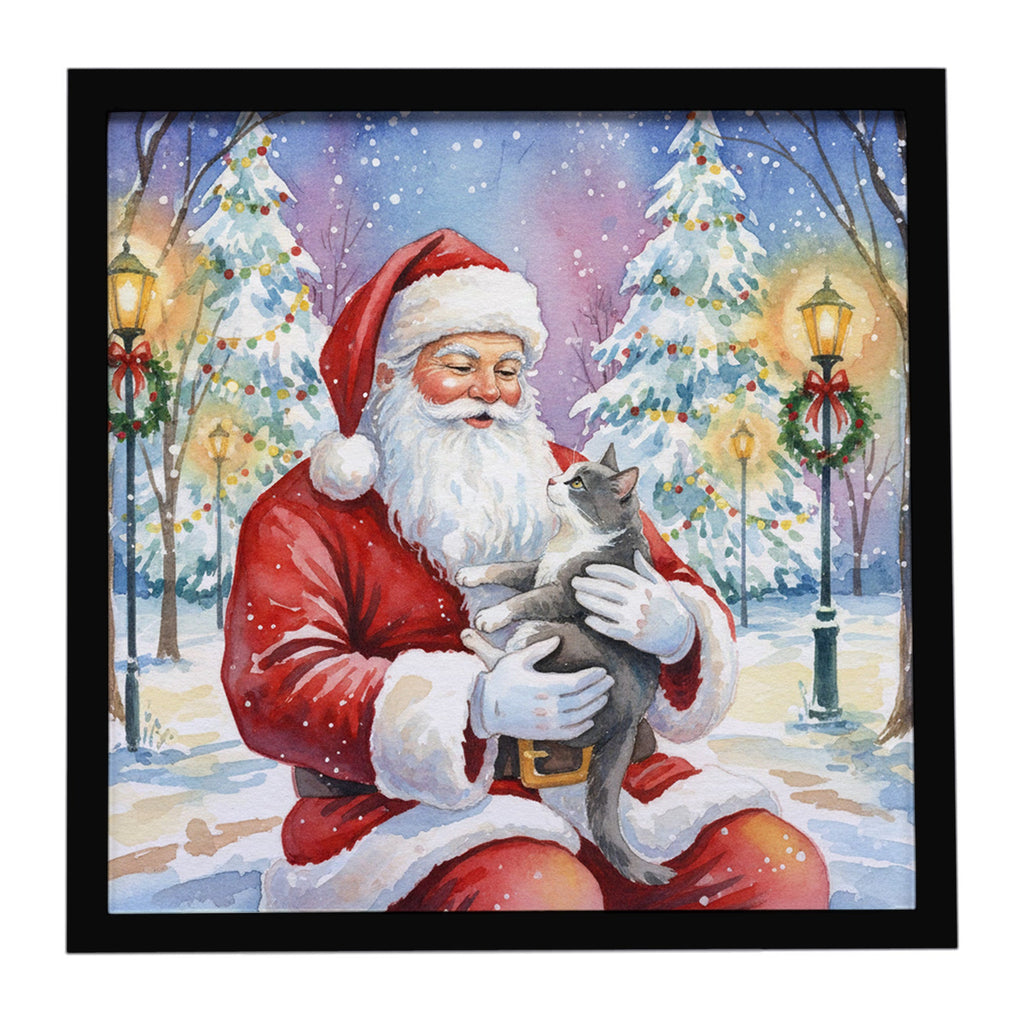 Gray and White Cat with Santa Claus Framed Metal Print Bathroom, Kitchen, Office, Home Decor Wall Art Ready to Hang, Square, 8X8