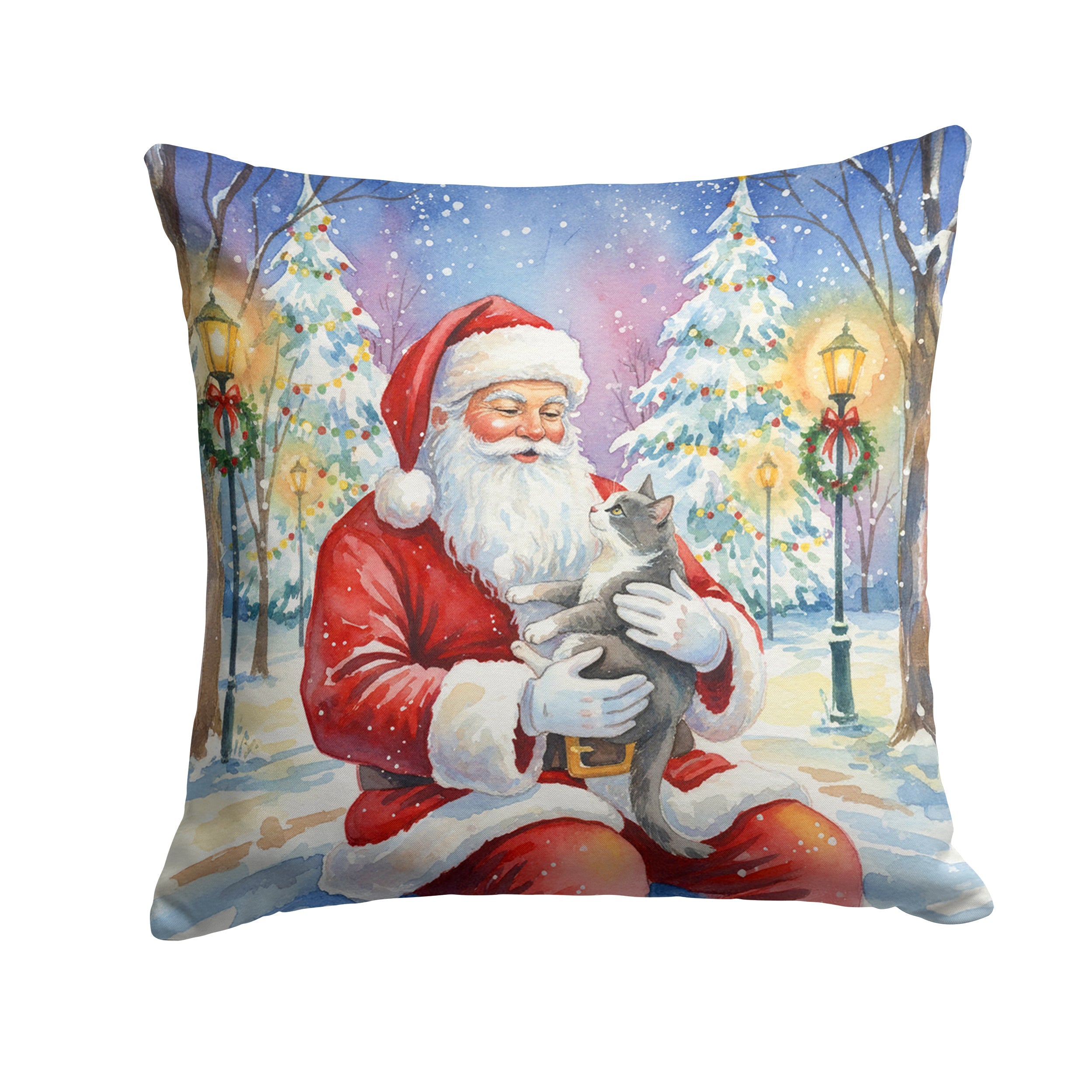 Gray and White Cat with Santa Claus Decorative Throw Pillow 14x14 Indoor Outdoor Accent Cushion, Fabric Cover with Insert for Sofa, Bed, Porch & Living Room
